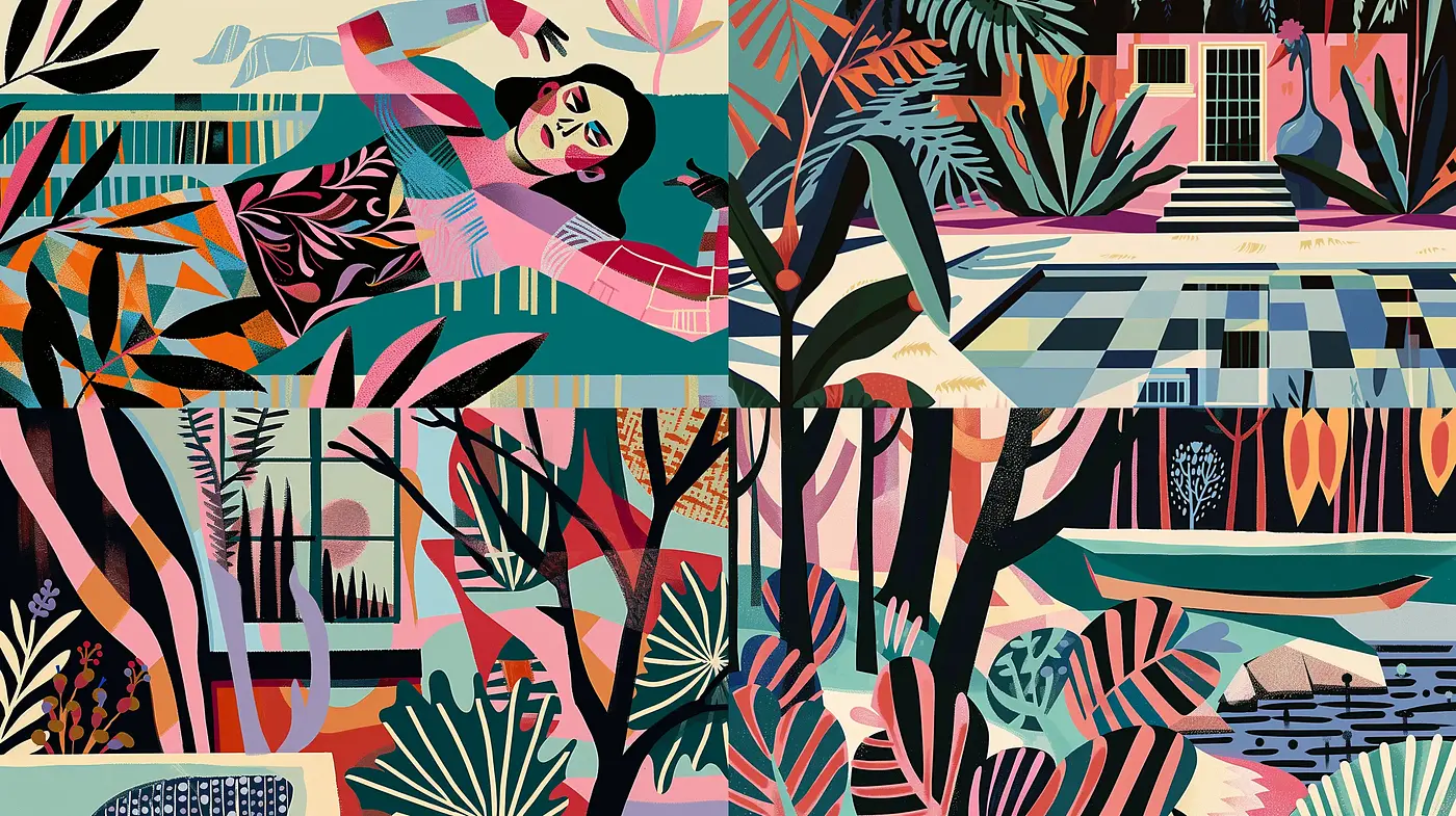 Lush Tropical Dreamscapes with Stylized Botanical Motifs - Midjourney sref style