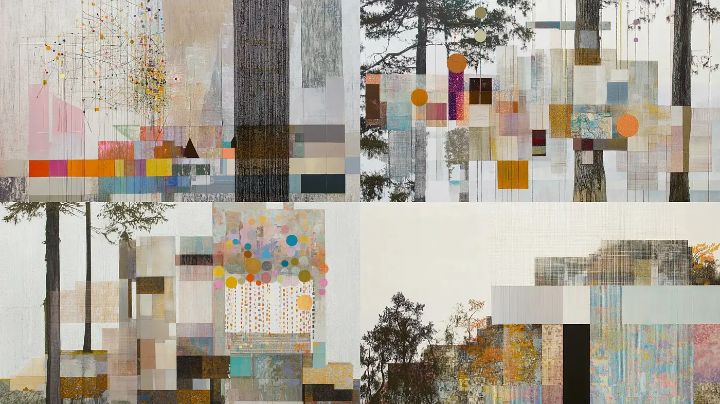 Geometric Serenity in Nature: A Collage of Pastel Cubism and Texture - Midjourney sref style