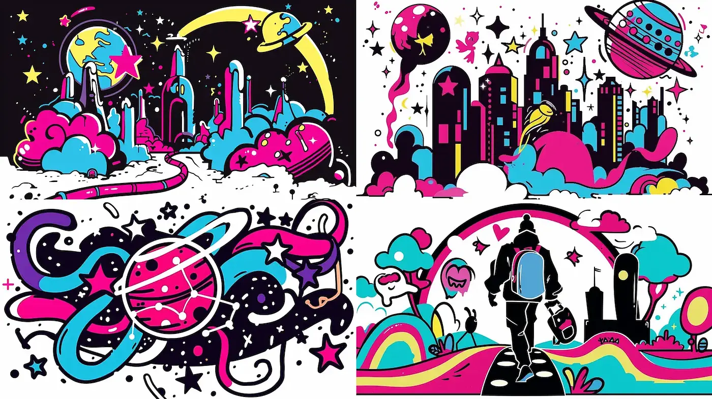 Vibrant Retro Futurism with Whimsical Cosmic Elements - Midjourney sref style