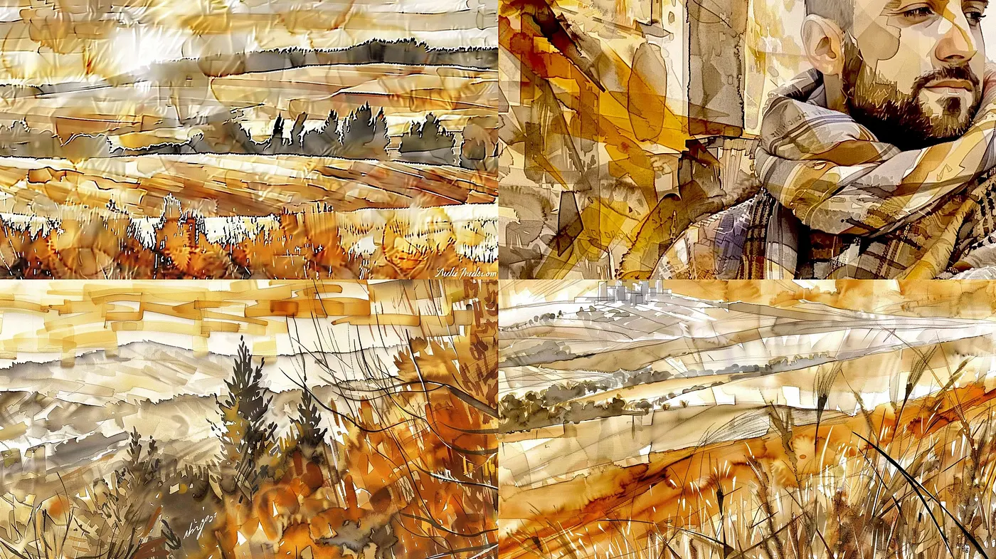 Autumnal Hues and Fragmented Textures: A Stylized Homage to Digital Impressionism - Midjourney sref style