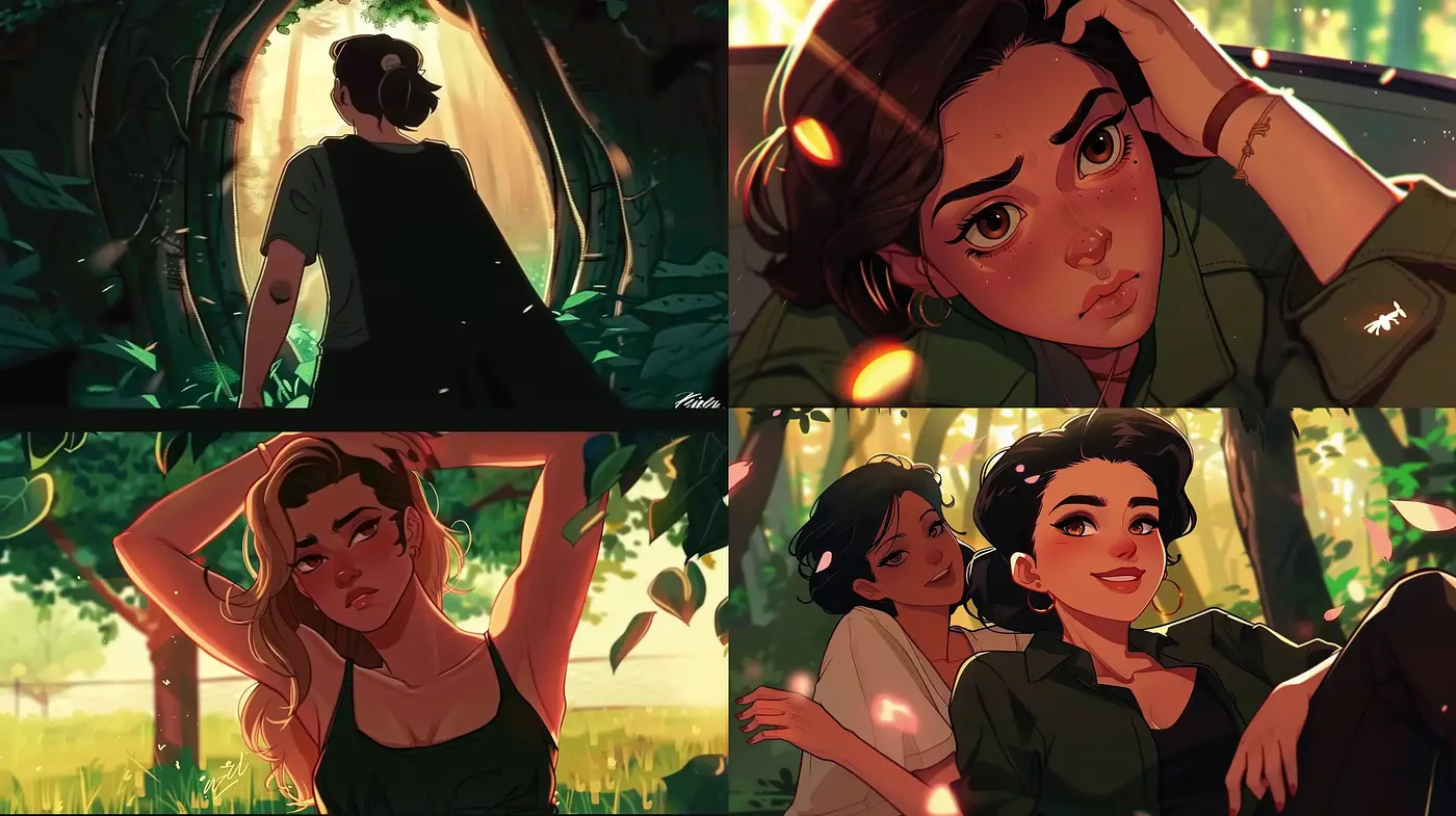 Consistent Hues of Warmth: A Stylized Fusion of Lush Naturalism and Expressive Characters - Midjourney sref style