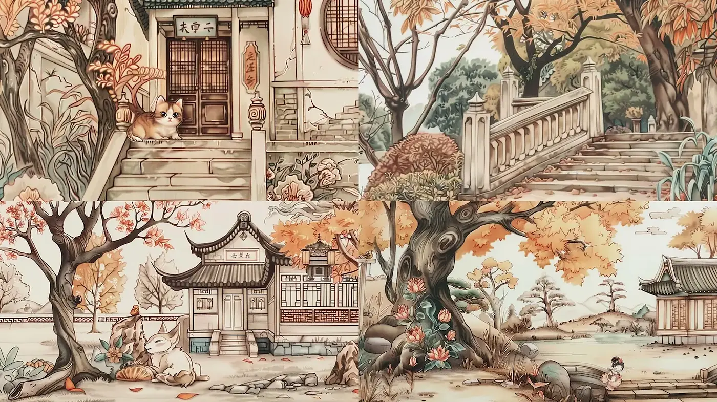 Serene and harmonious landscapes with a touch of whimsy in a nostalgic style - Midjourney sref style