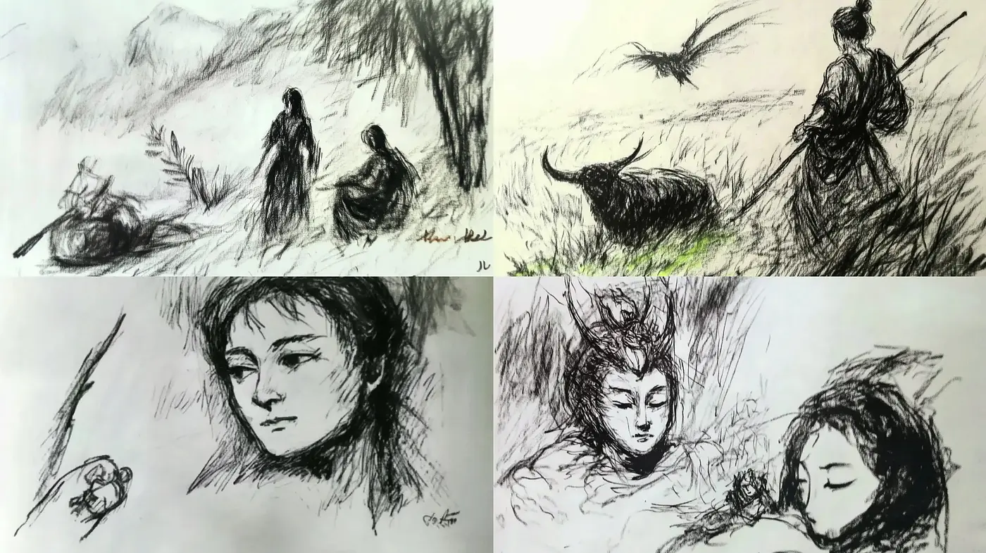 Sketchbook Mastery: Monochromatic Pen and Ink Drawings - Midjourney sref style