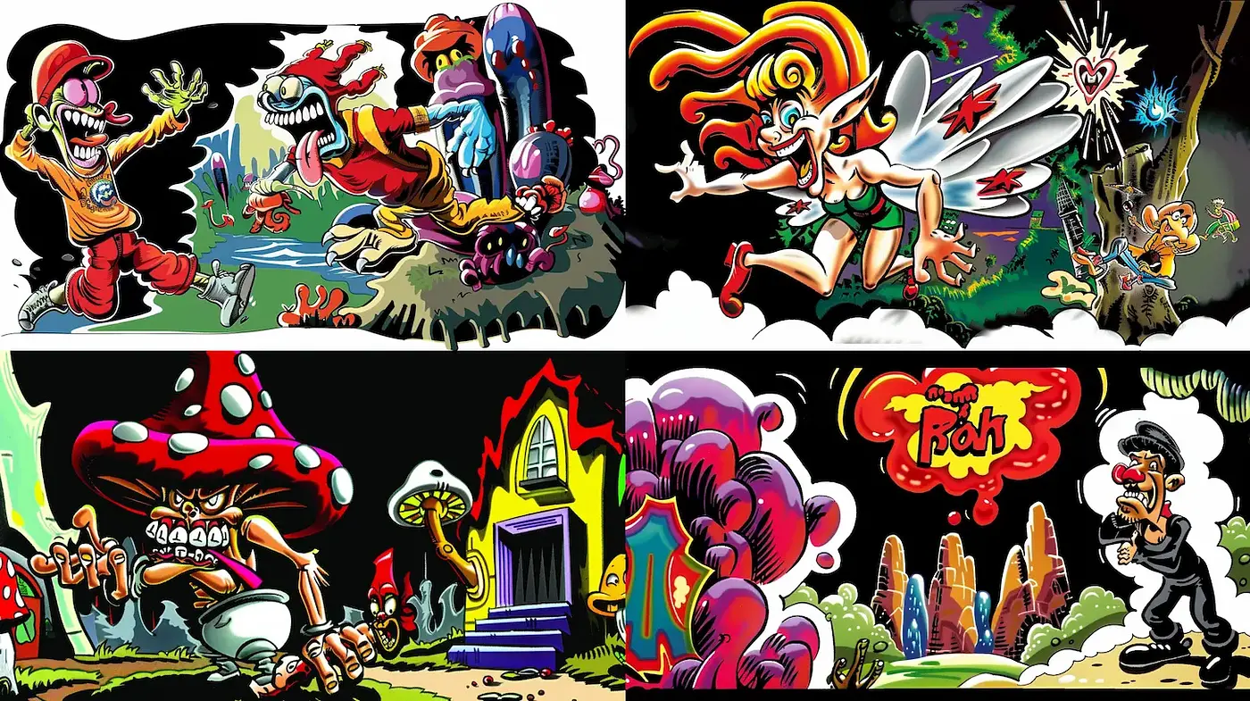 Psychedelic Cartoonish Adventure with Dark Humor and Vivid Colors - Midjourney sref style
