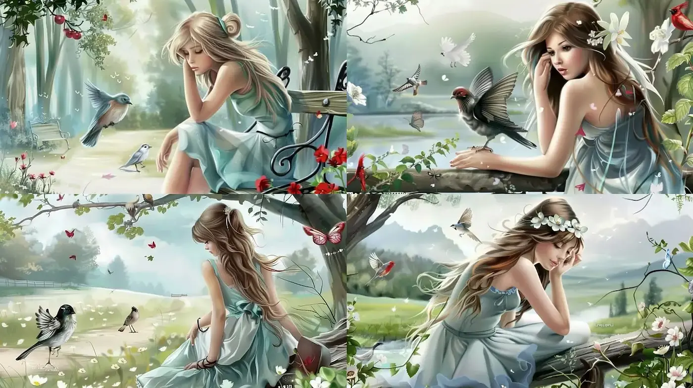 Whimsical and Serene Nature Scenes with Elegant Femininity - Midjourney sref style