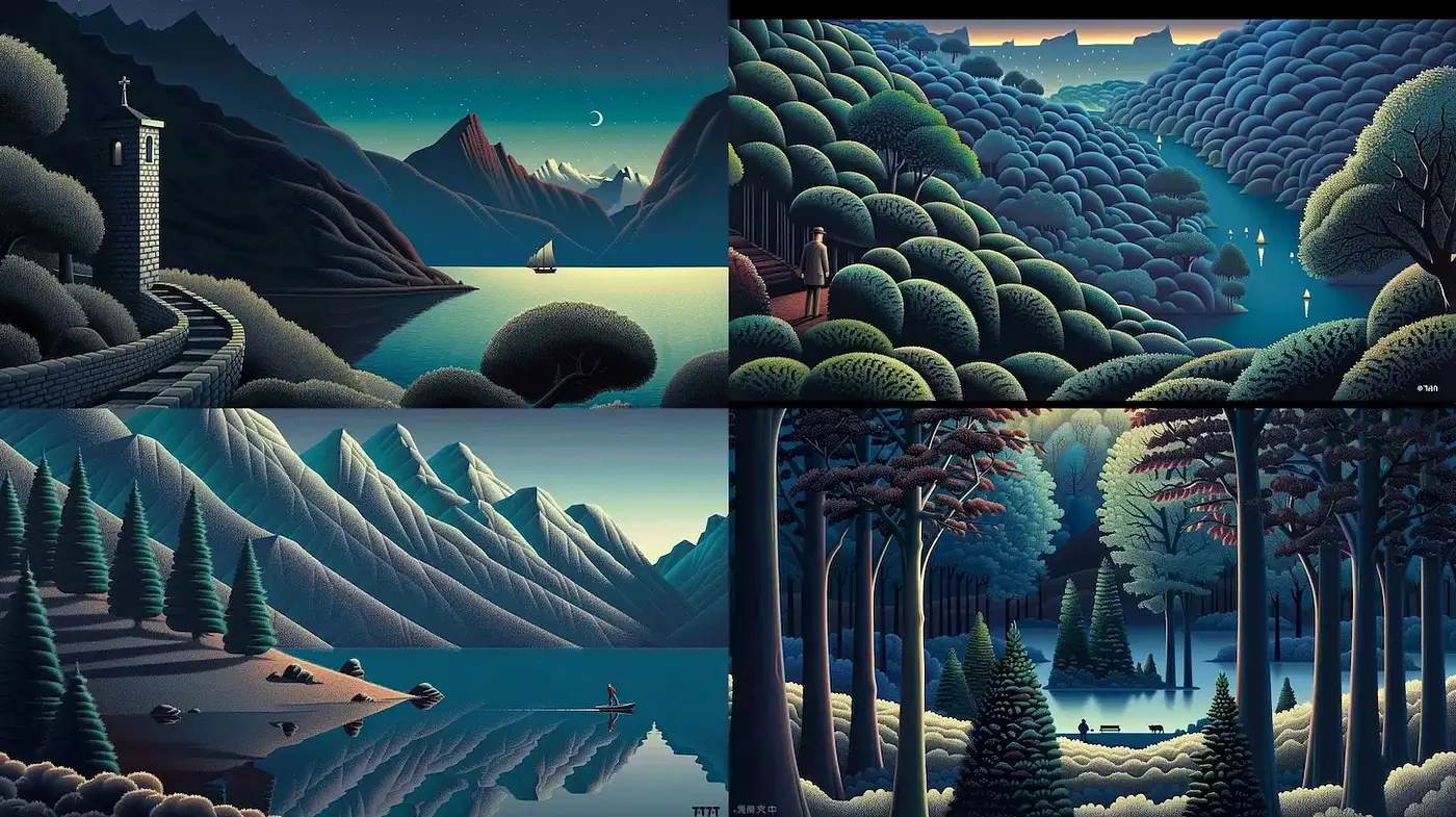 Serene and Mystical Landscapes with Stylized Elements - Midjourney sref style