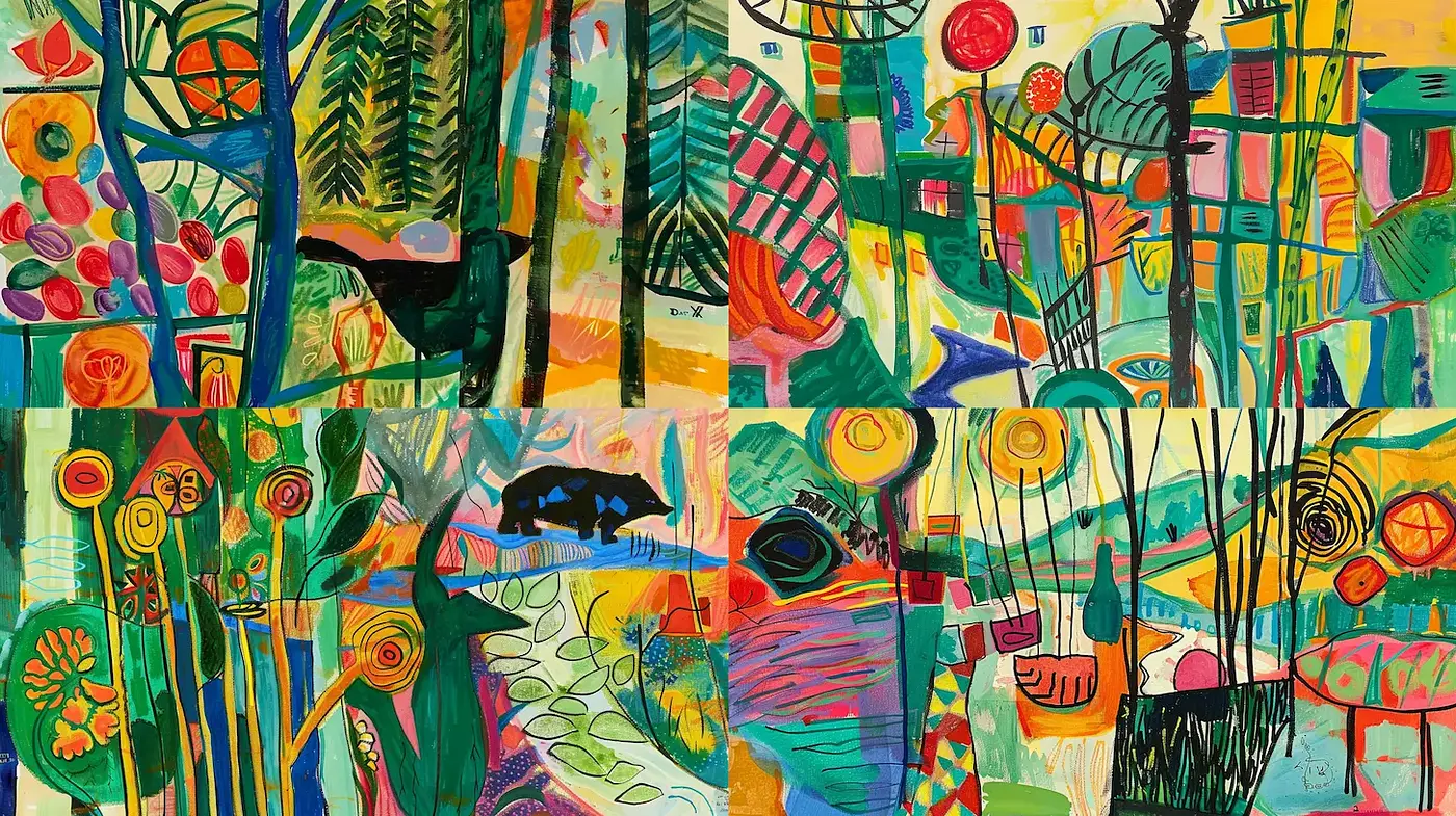 Lively Abstract Composition with Vibrant Organic Forms and Patterns - Midjourney sref style