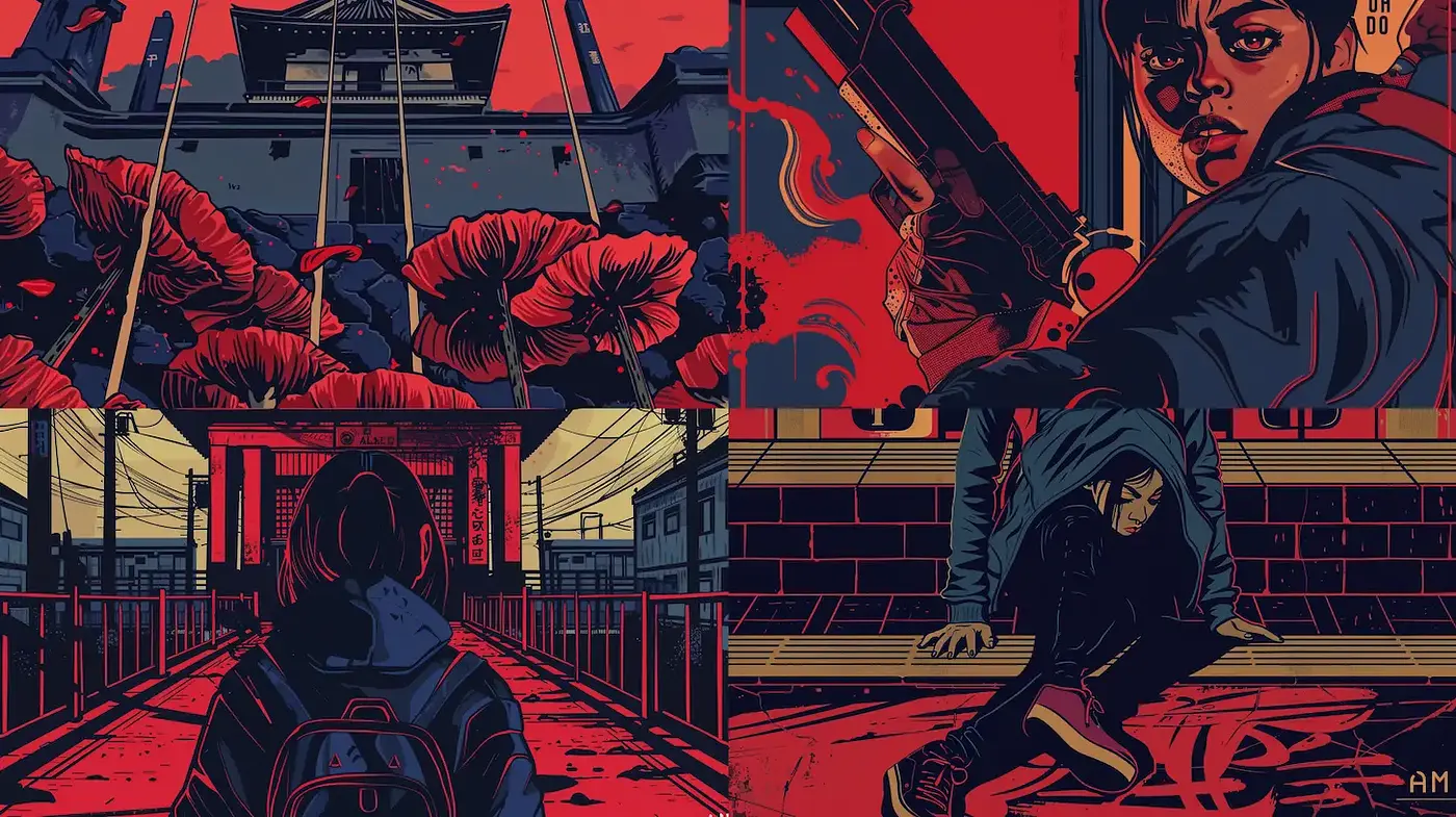 Dynamic and Bold Narrative Art with Japanese Influences - Midjourney sref style