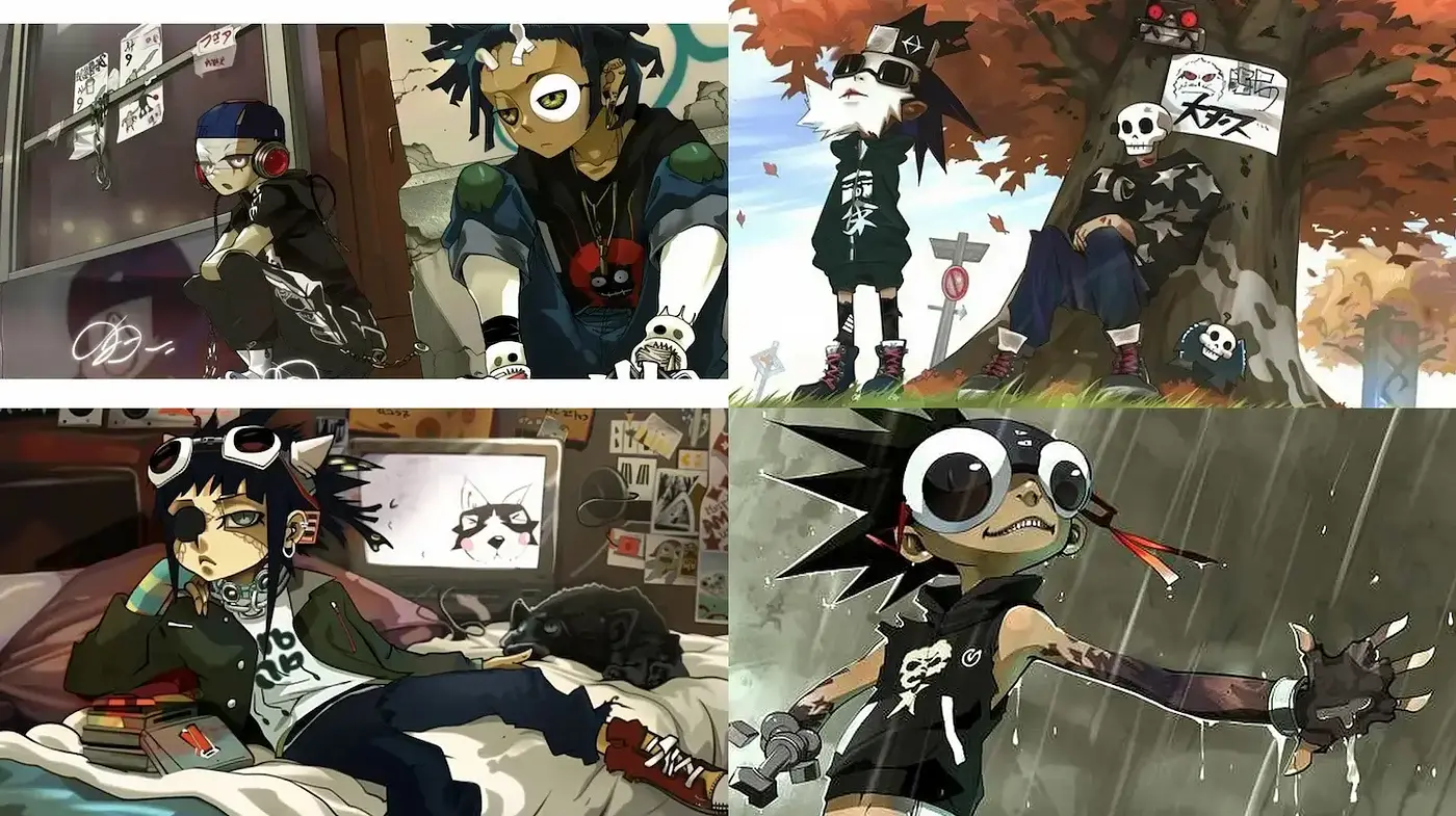 Stylized, playful urban punk aesthetic with a mix of cartoon influences - Midjourney sref style