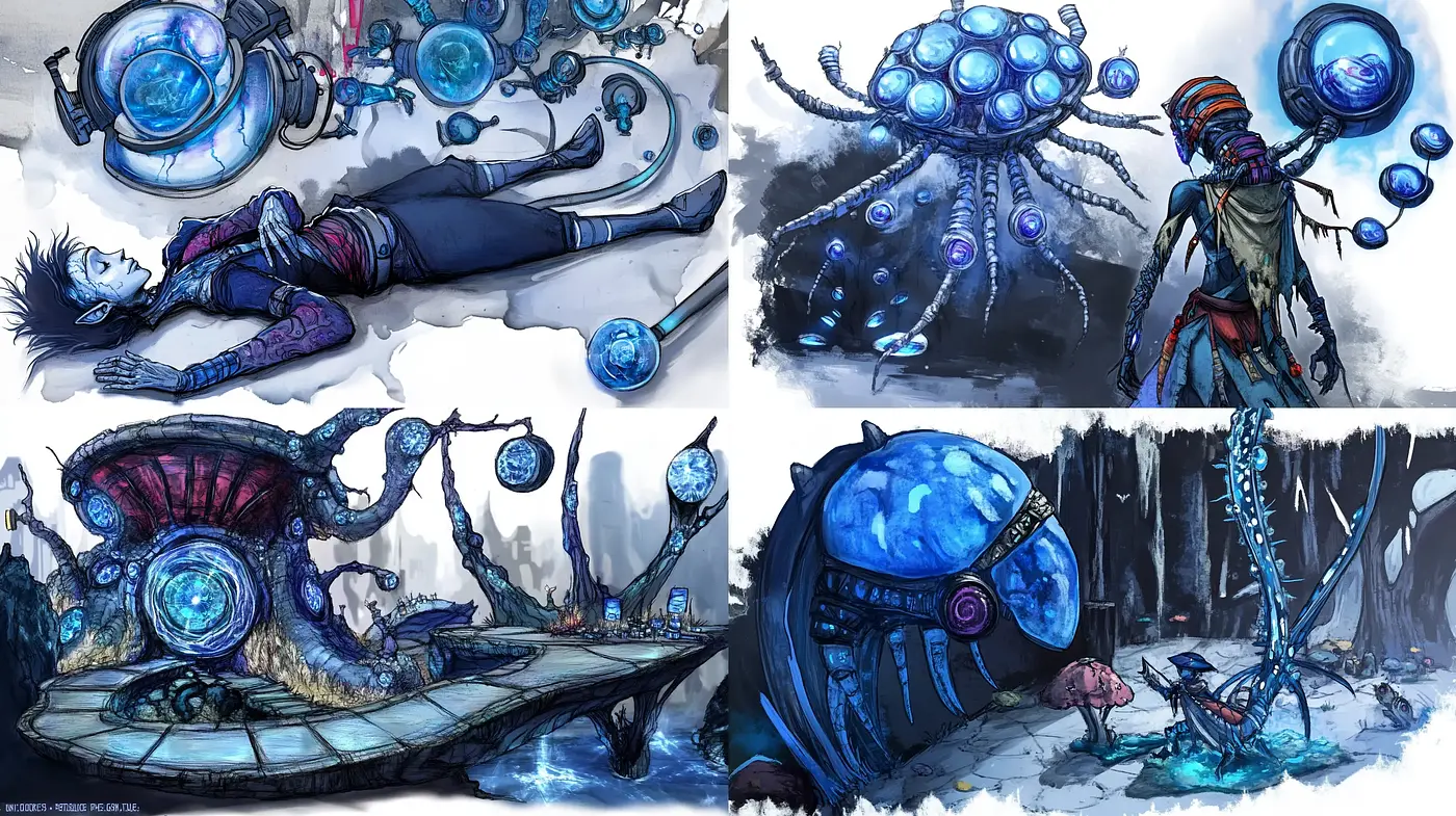 Surreal Sci-Fi Dreamscape in Cool Tones with Dynamic Brushwork - Midjourney sref style