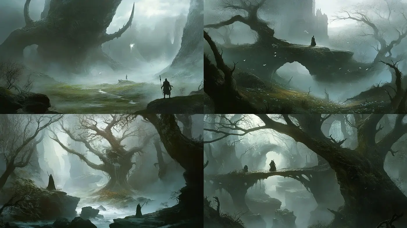 Ethereal Mist-Filled Fantasy Landscapes Merging with Timeless Tranquility - Midjourney sref style