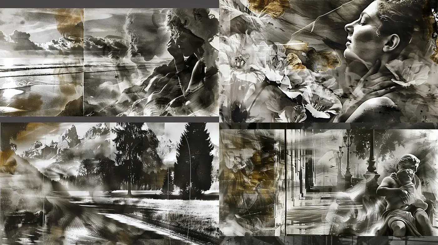 Ephemeral Monochrome Visions: A Dreamlike Fusion of Abstract and Figurative Elements - Midjourney sref style