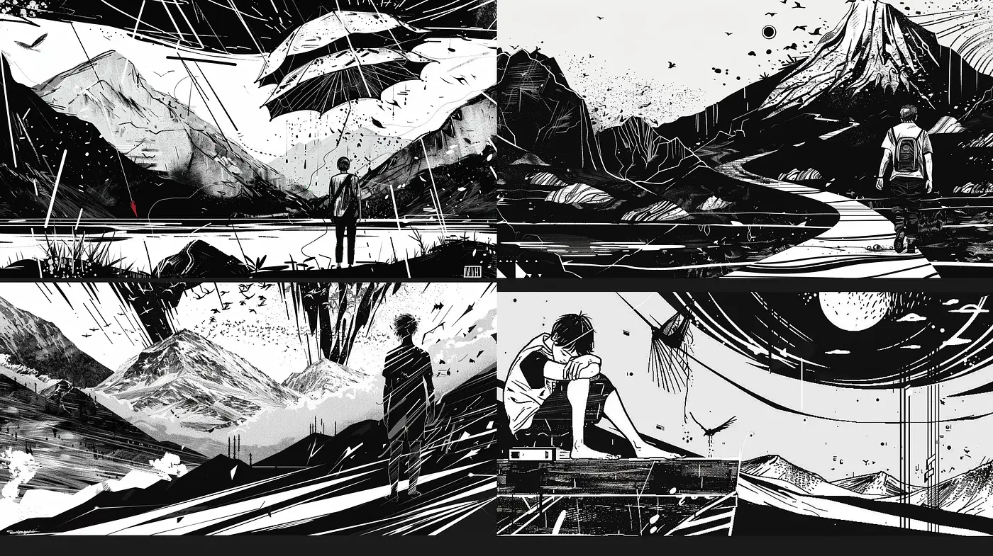 Monochromatic Narrative: A Whimsical Journey Through Stylized Inkscapes - Midjourney sref style