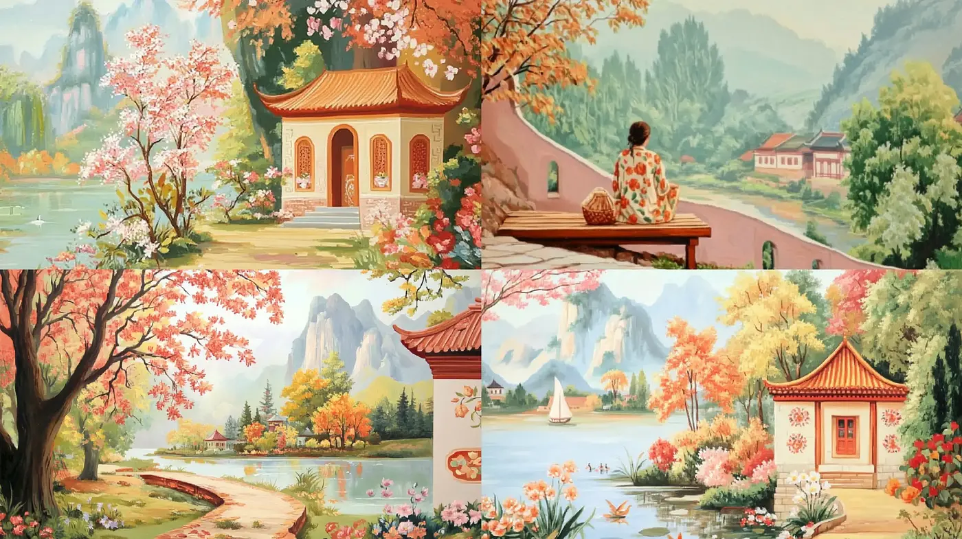 Idyllic Nature Scene with Vintage Eastern Aesthetic - Midjourney sref style