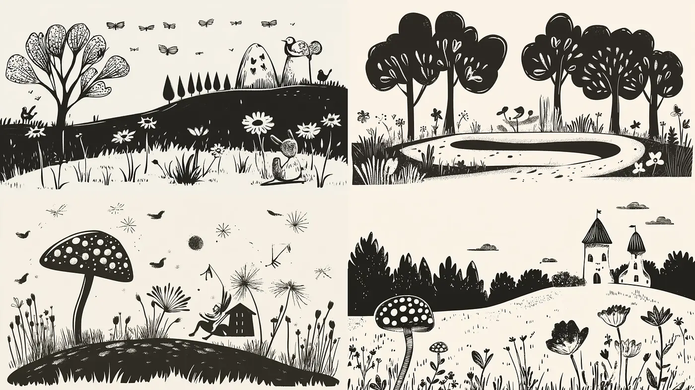 Monochromatic Storybook Illustrations with a Whimsical Charm - Midjourney sref style