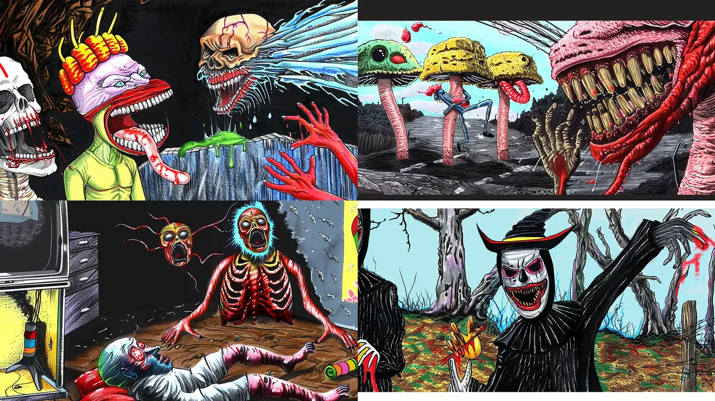 Eccentric Grotesque: Surreal Nightmares in Vivid Colors - Midjourney sref style