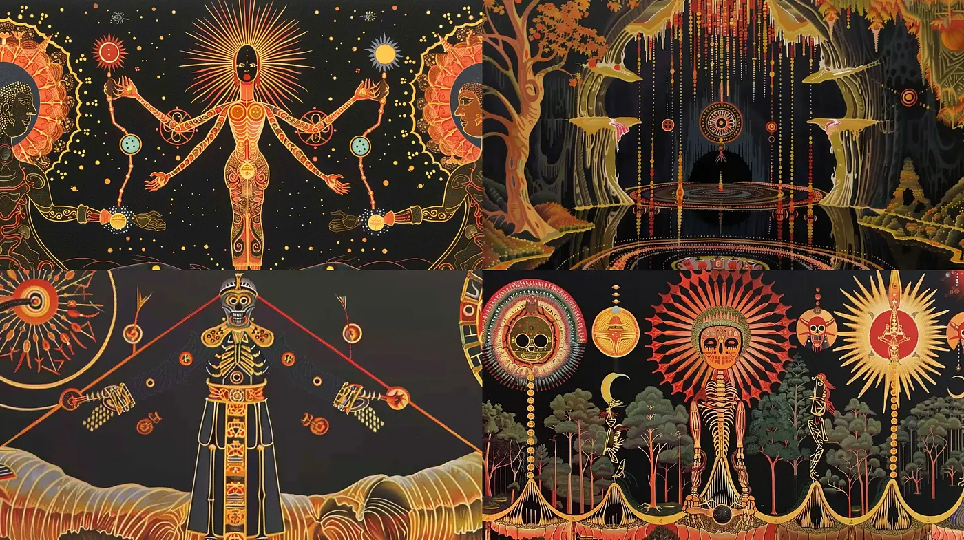 Abstract Cosmic Fusion with Art Nouveau and Symbolist Undertones - Midjourney sref style
