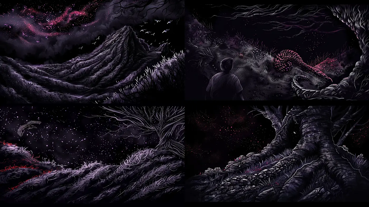 Whispers of the Cosmic Wilderness: A Nocturnal Journey in Violet - Midjourney sref style