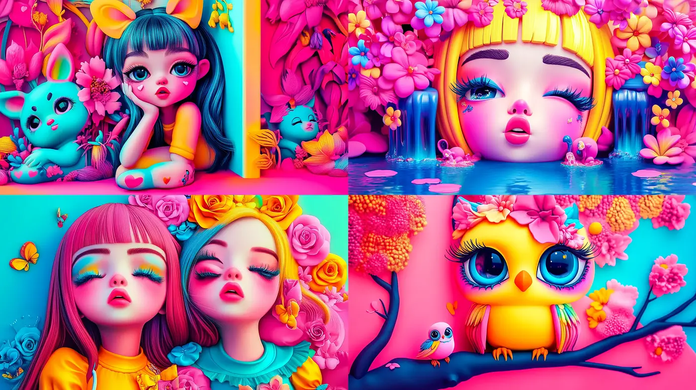 Enchanted Hyper-Saturated Dreamscapes with Surreal Expressions - Midjourney sref style