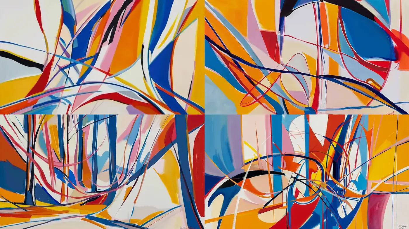 Dynamic and Colorful Abstract Composition with Fluid Lines and Shapes - Midjourney sref style