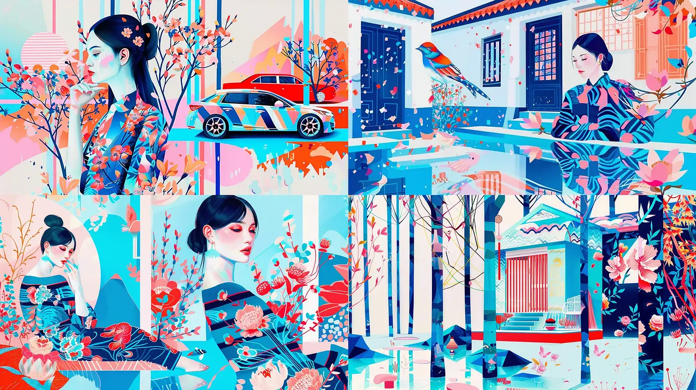 Contemporary Cyan and Coral Fusion - Midjourney sref style
