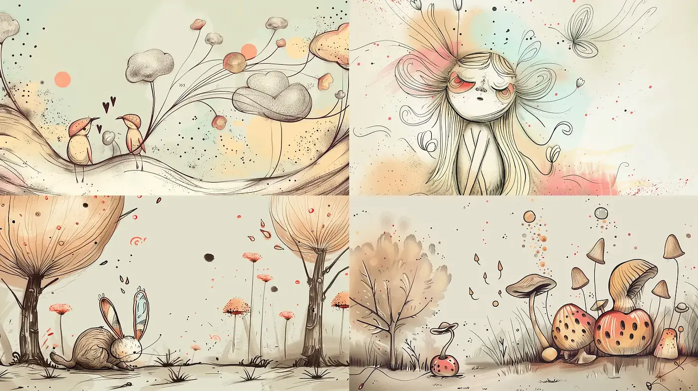 Whimsical and Playful Illustrations with Organic Elements - Midjourney sref style
