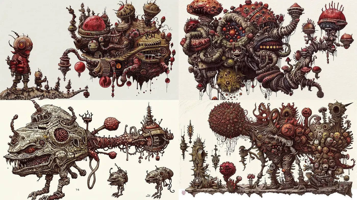 Surreal Biomechanical Dreamscape in Sepia Tones - Midjourney sref style
