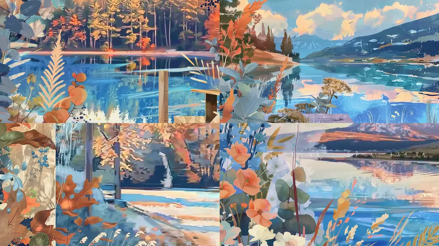 Serene Landscape with Organic Elements in Vibrant Color Palette - Midjourney sref style
