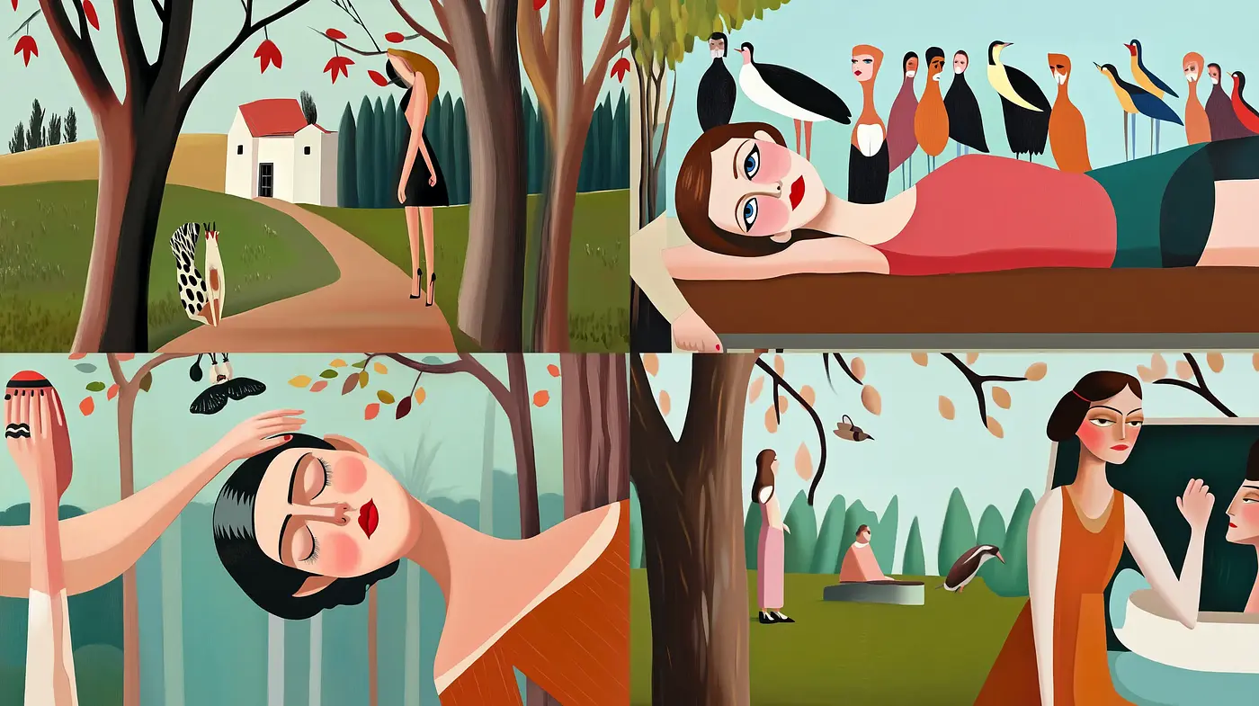 Dreamlike Pastoral Scenes with Stylized Figures and Earthy Tones - Midjourney sref style