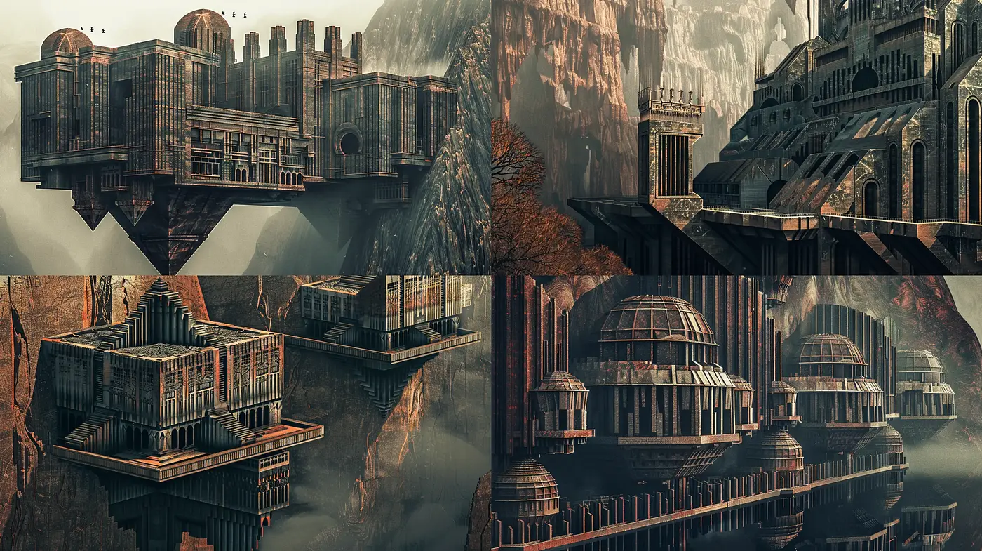 Ethereal Architectural Fantasy: A Homage to Escherian and Steampunk Motifs - Midjourney sref style