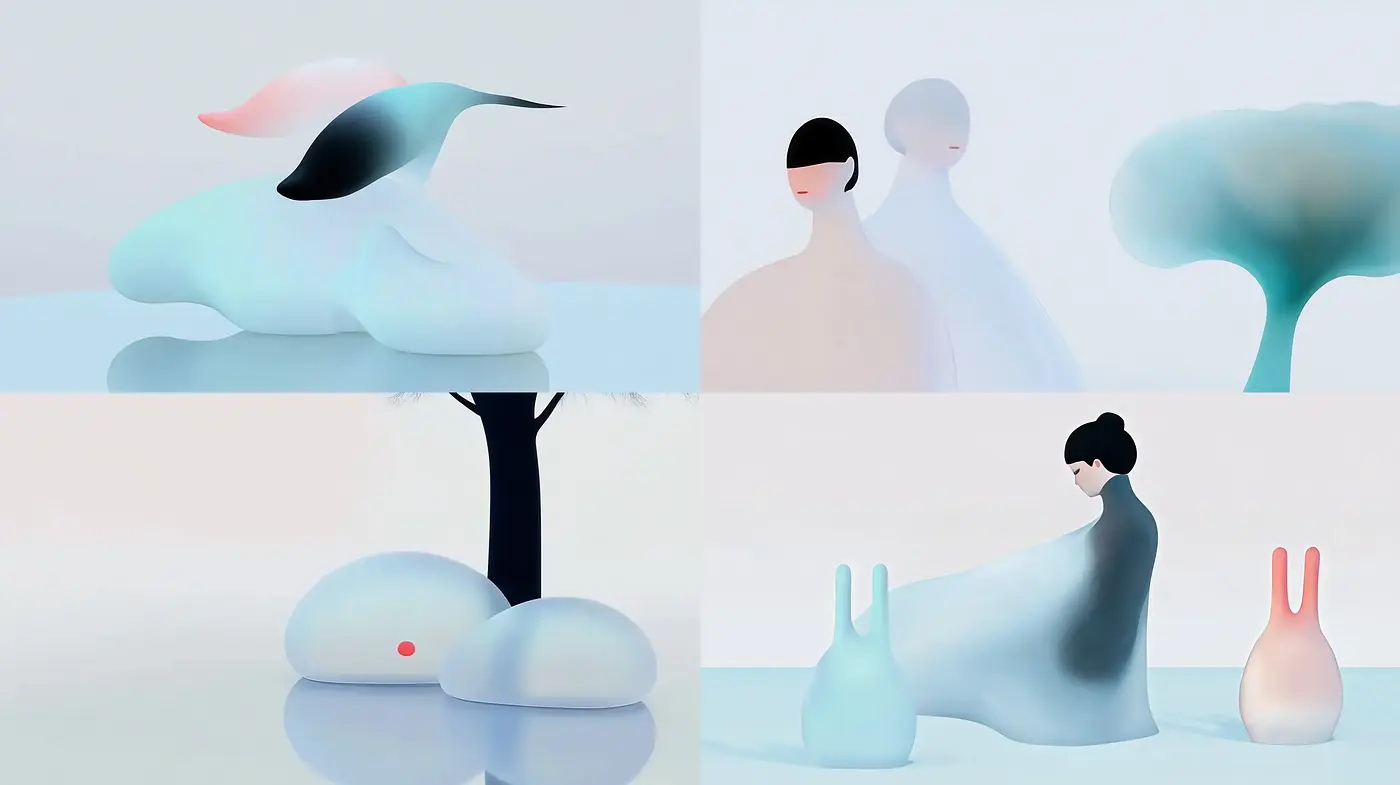 Surreal Tranquility in Pastel: A Dreamlike Fusion of Soft Hues and Ethereal Forms - Midjourney sref style