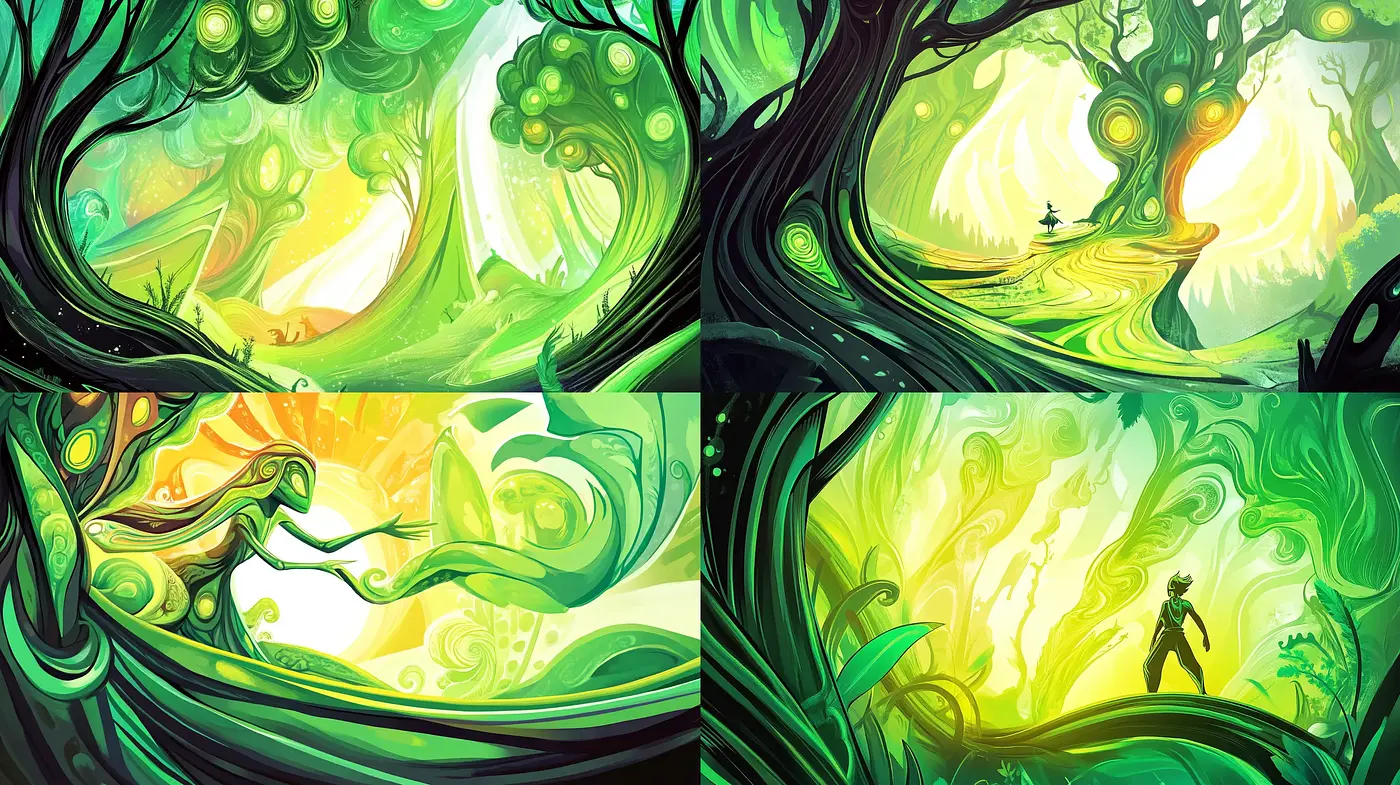 Enchanted Verdant Realms: A Whimsically Lush Artistic Expedition - Midjourney sref style