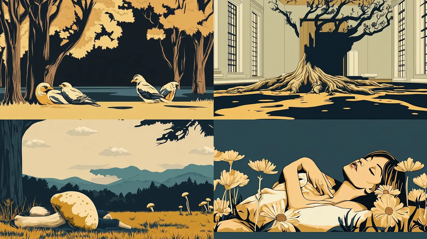 Golden Hues of Stylized Nostalgia: A Unified Tableau - Midjourney sref style