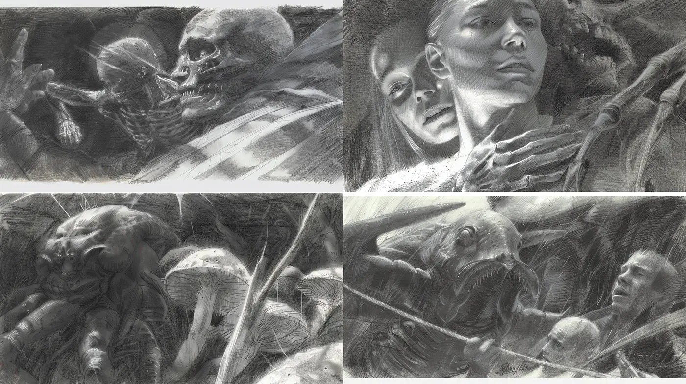 Ethereal Monochromatic Dreamscapes with Surrealist Overtones - Midjourney sref style