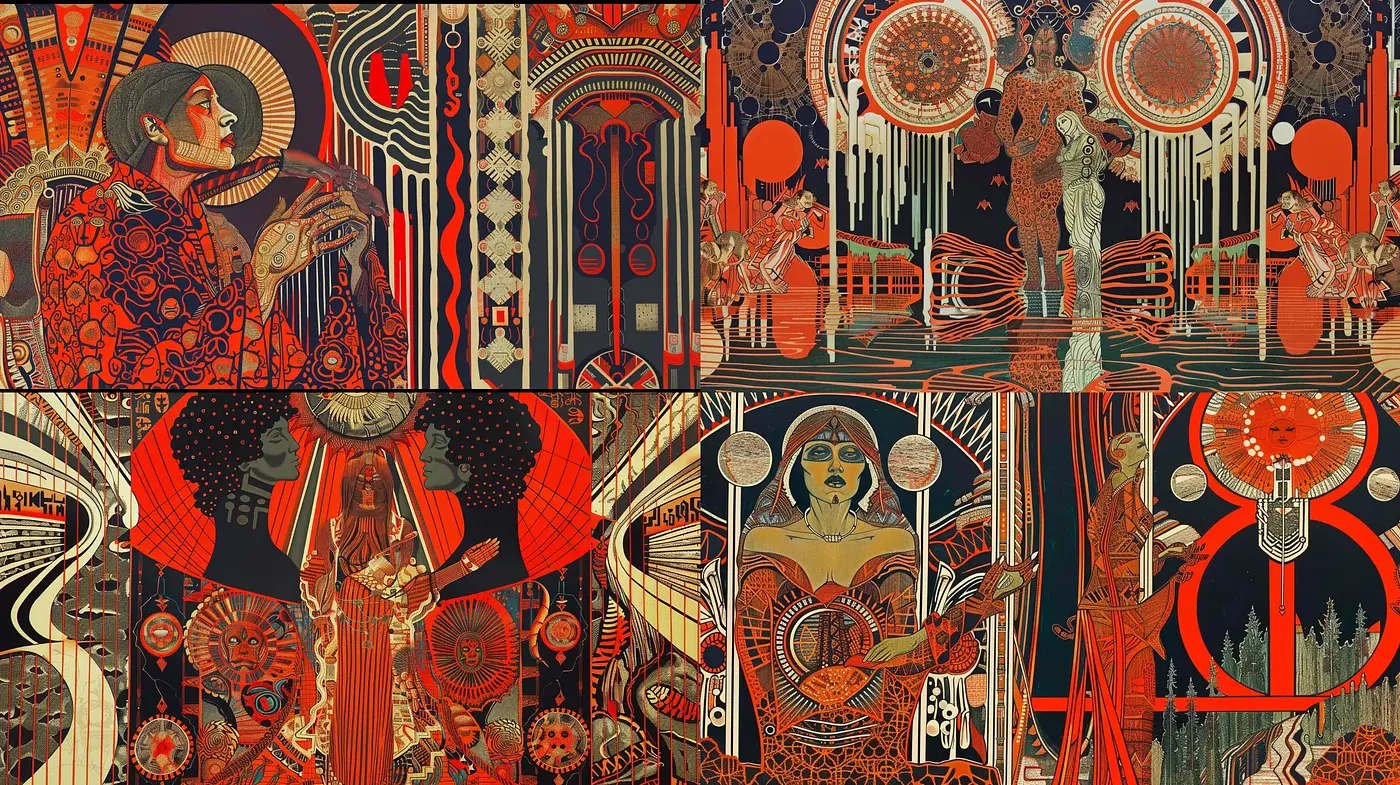 Ornate Art Deco Elegance With Enigmatic Symbolism - Midjourney sref style