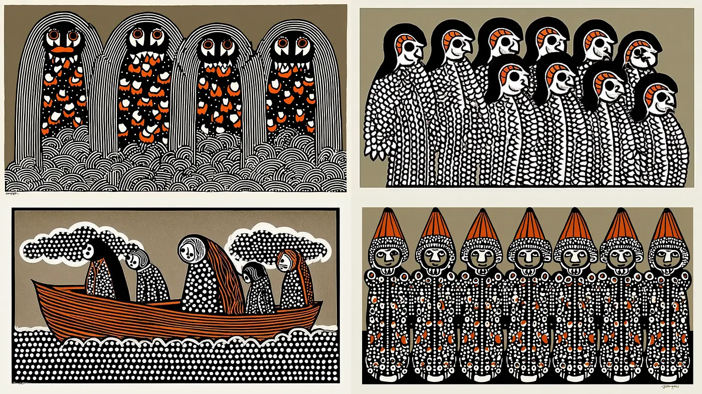 Whimsical and Illustrative Folk Art with a Playful Tone - Midjourney sref style