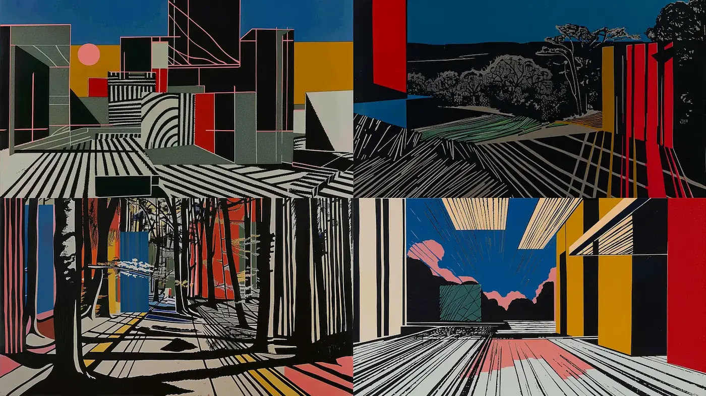 Bold Geometric Landscapes with Linear Depth and Vibrant Contrast - Midjourney sref style