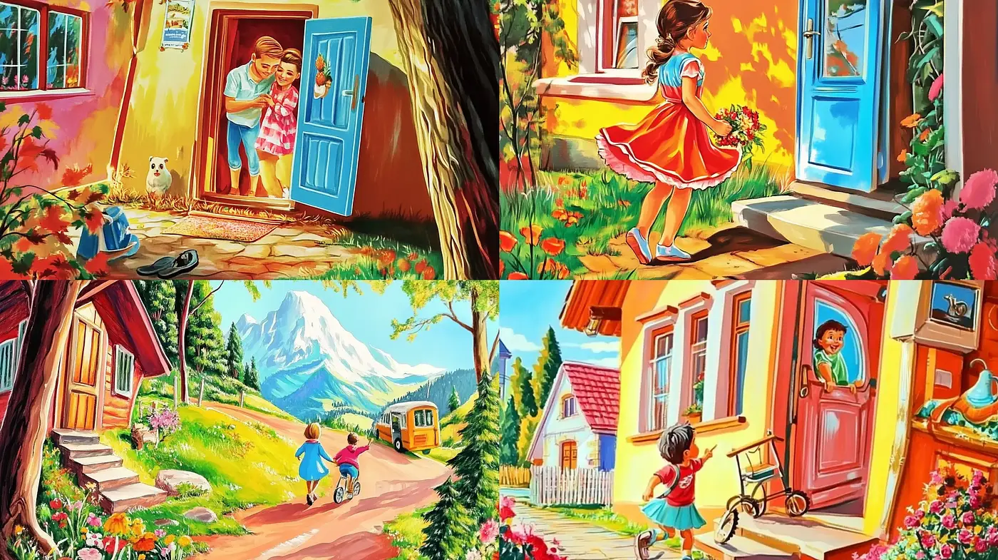 Idyllic Storybook Harmony: A Vivid Tableau of Nostalgic Vignettes - Midjourney sref style