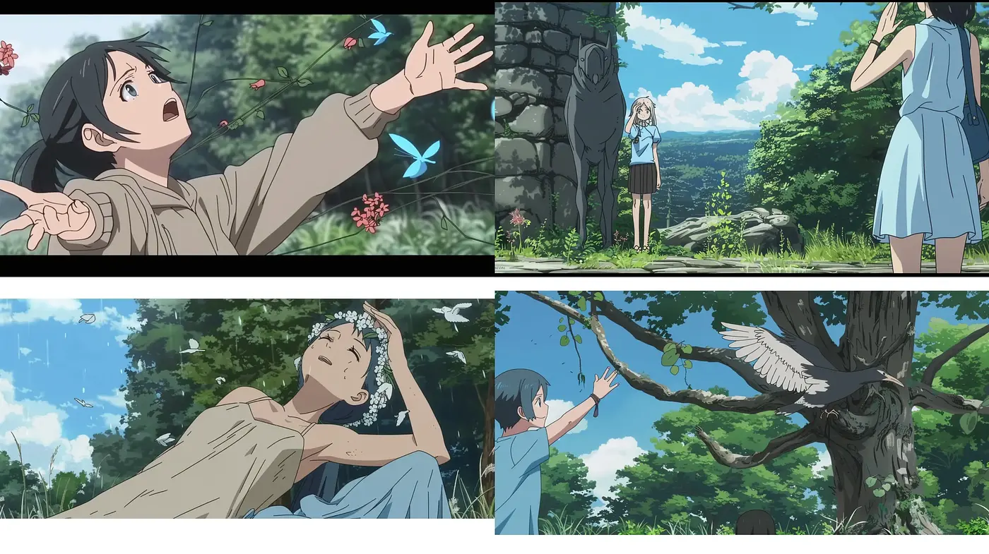 Serene Nature Embrace with Lush Verdancy and Gentle Anime Undertones - Midjourney sref style