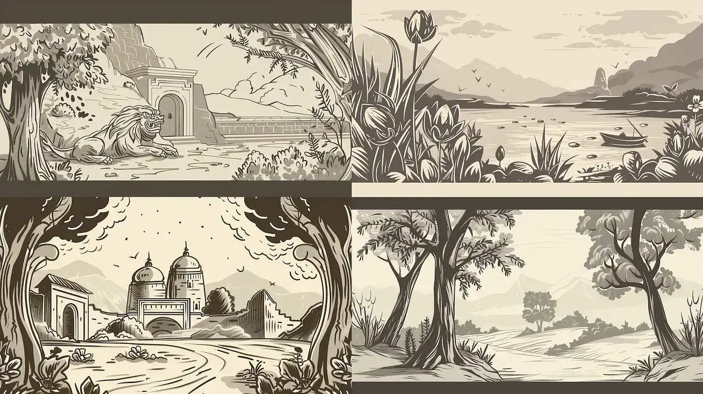 Stylized Retro Landscape Illustrations with Natural Elements - Midjourney sref style