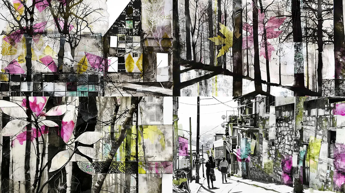 Fragmented Dreamscapes: A Collage of Monochrome and Vivid Splashes - Midjourney sref style