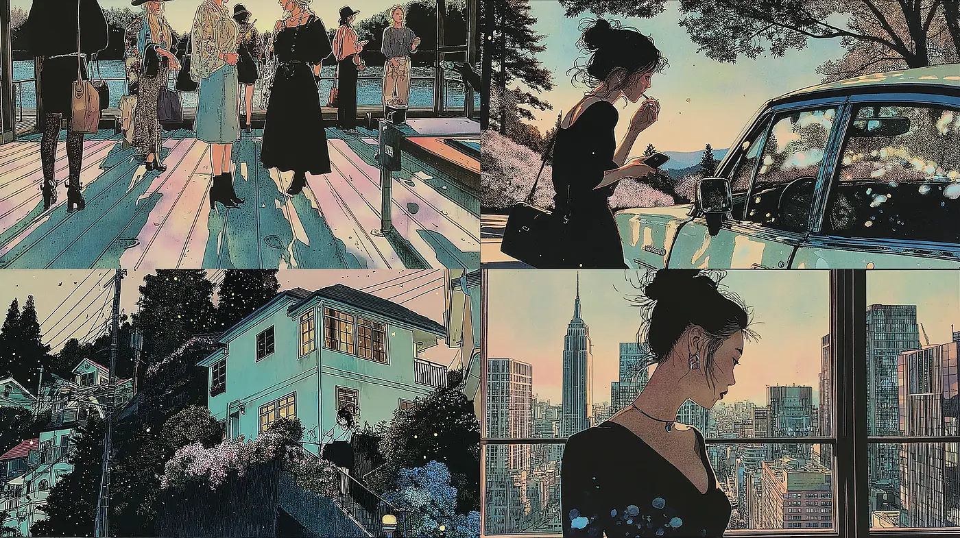 Contemporary Illustrations Infused with Dreamy Nostalgia and Urban Aesthetics - Midjourney sref style