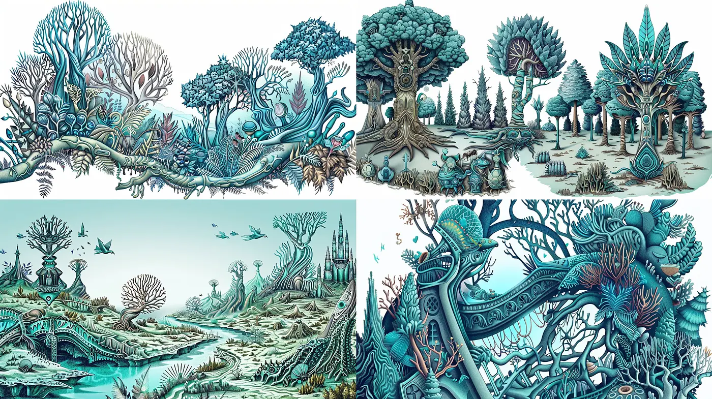 Ethereal Aquatic Dreamscape: A Consistent Fusion of Oceanic Flora and Art Nouveau Inspirations - Midjourney sref style