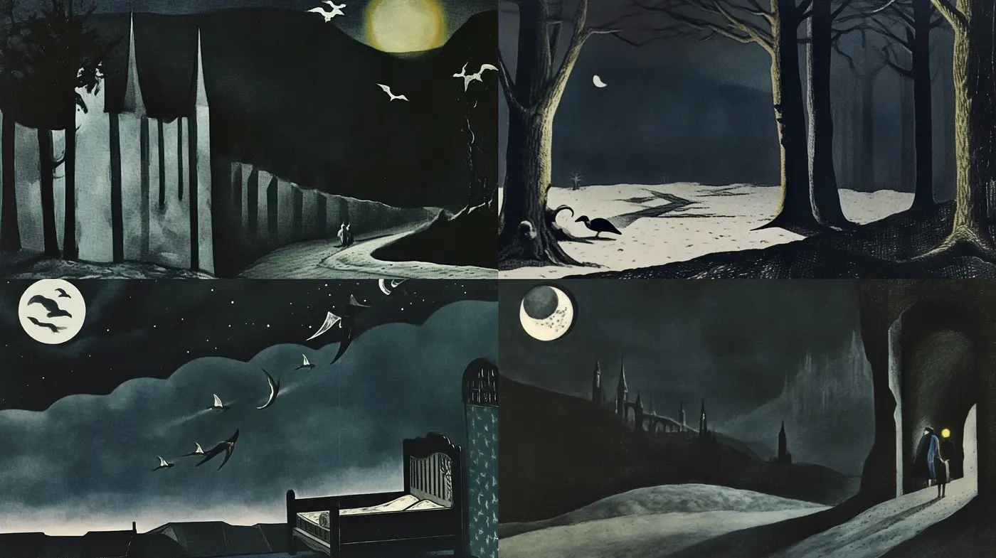 Moody Nocturnes: A Homage to Mysterious Nightscapes and Silhouetted Vistas - Midjourney sref style