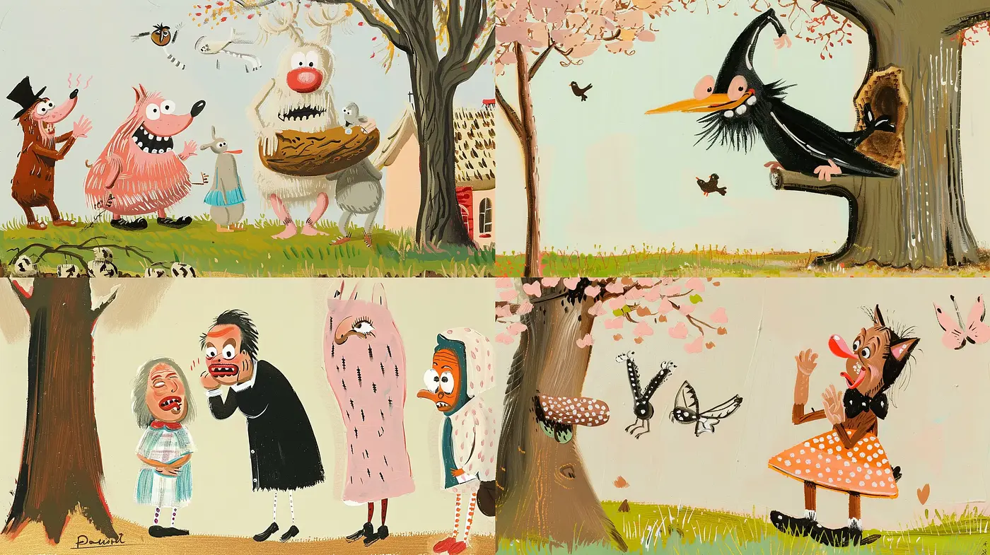 Whimsical Storybook Illustrations with a Vintage Cartoon Essence - Midjourney sref style