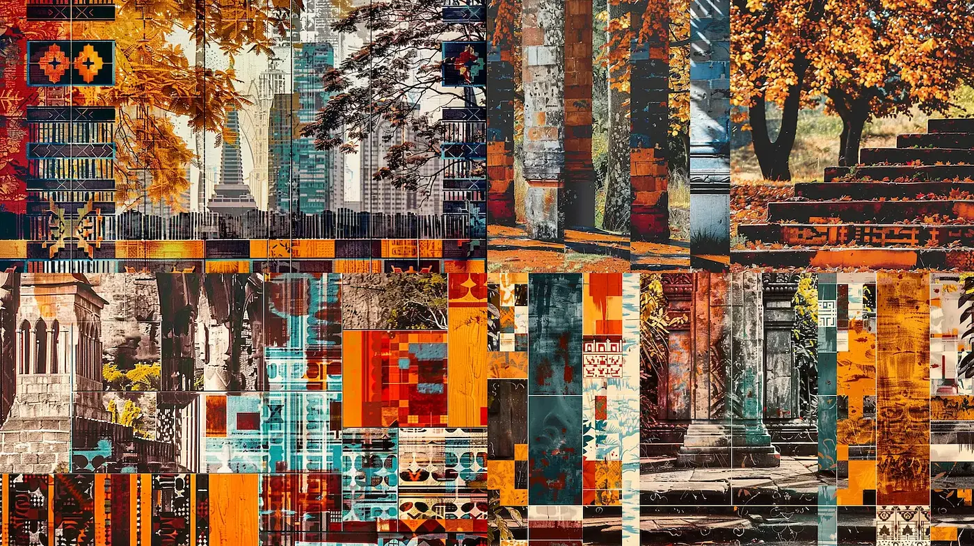 Layered Modernism with Vibrant Autumnal Textures and Urban Undertones - Midjourney sref style