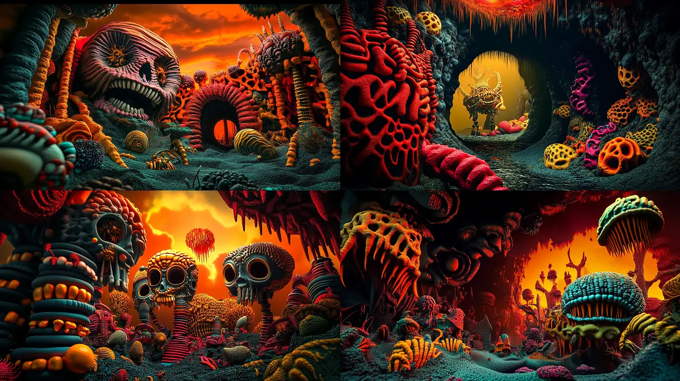Surreal Archeo-Futuristic Dreamscape with Organic Mechanica - Midjourney sref style