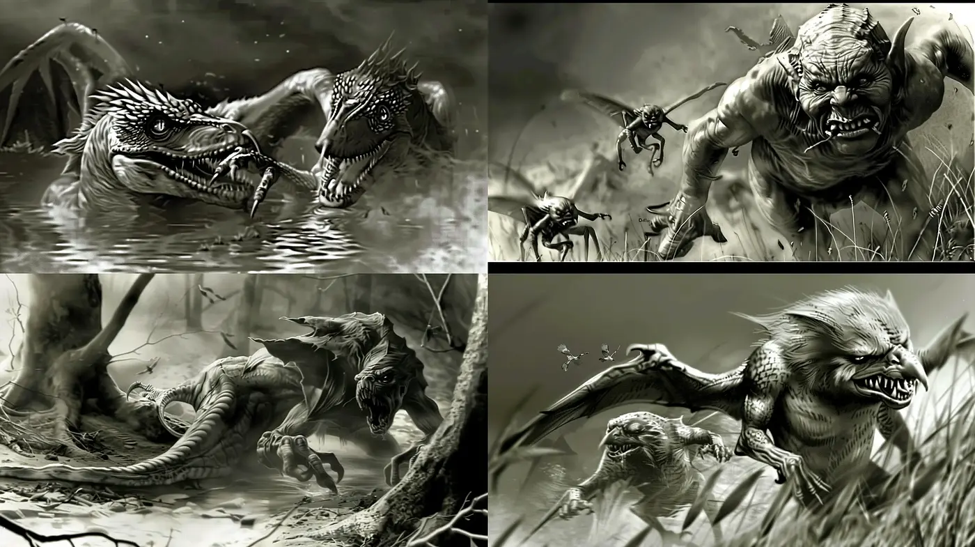 Monochromatic Fantastical Beasts and Dynamic Textured Scenes - Midjourney sref style