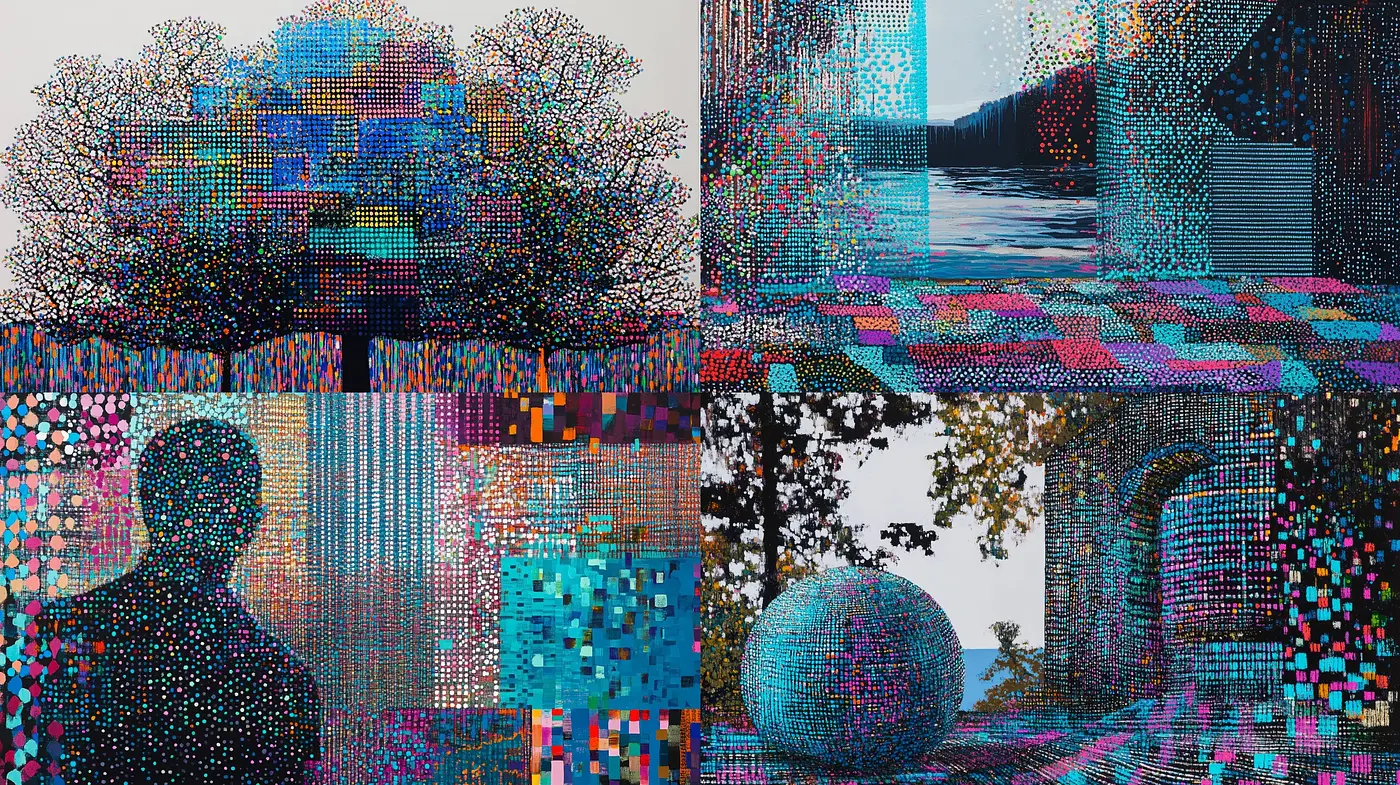 Mosaic Pixelation and Fragmented Hues - Midjourney sref style