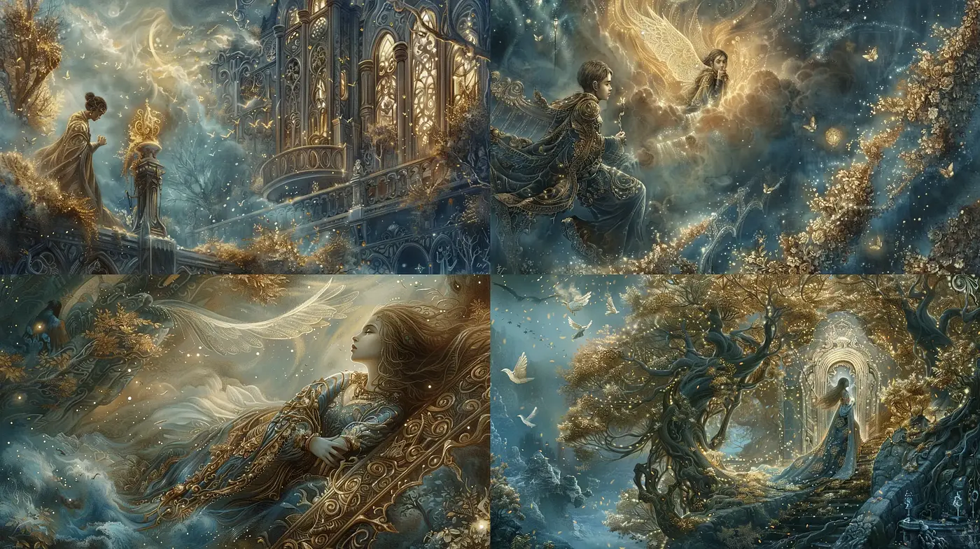 Ethereal Dreamscapes with Glimmering Gold Accents - Midjourney sref style